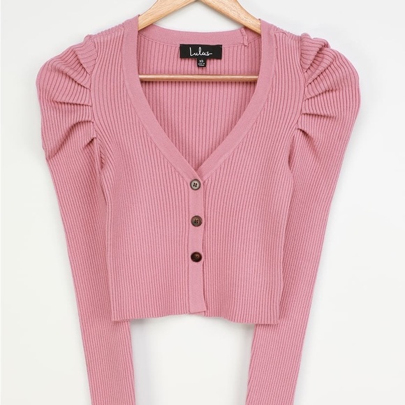 LULUS At First Crush Mauve Pink Puff Shoulder Cropped Cardigan Sweater - Picture 5 of 10
